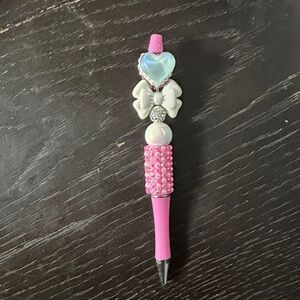 Pink Beaded Pen with Heart and Bow Accents handmade